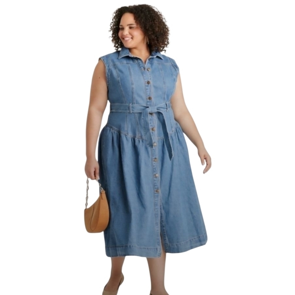 Universal Thread | Women's Blue Denim Tie Waist Midi Length Dress (Size 16)